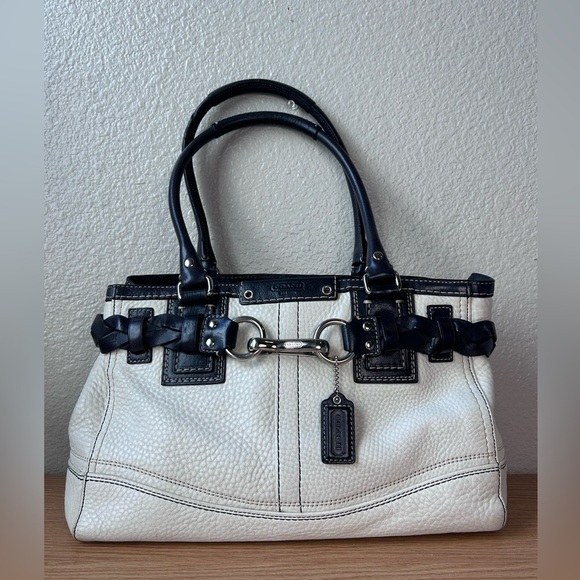 Coach Hampton pebble Leather white Carryall Satchel Braid - Picture 1 of 7